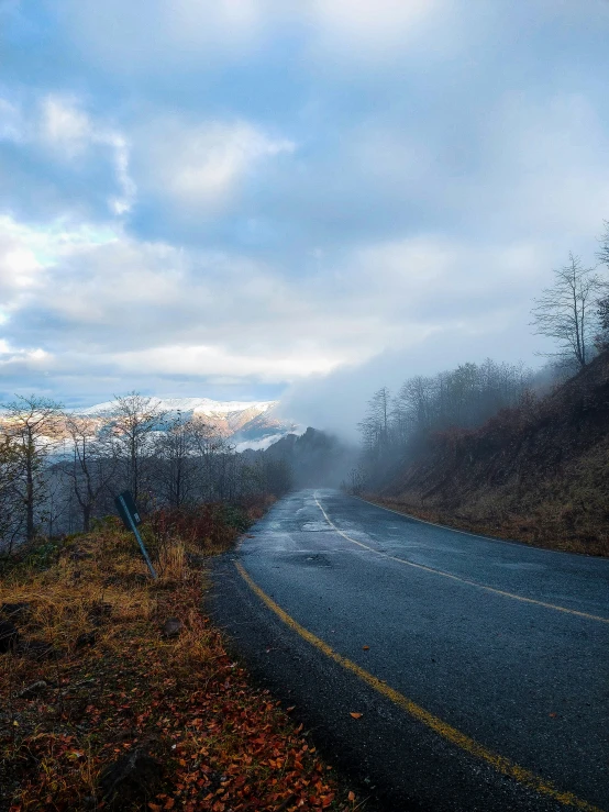 a car traveling on a foggy road near a field