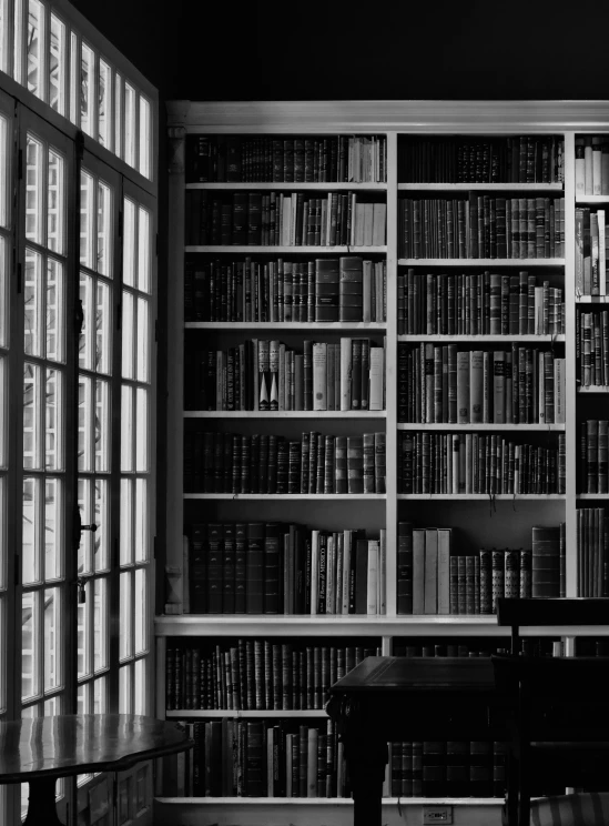 black and white po of a bookshelf with many books