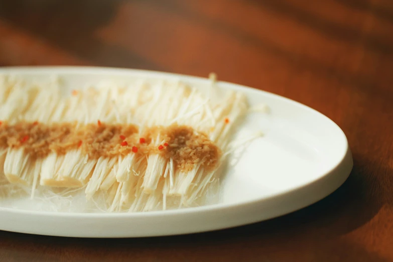 a white dish holds toothbrush head with brown sprinkles