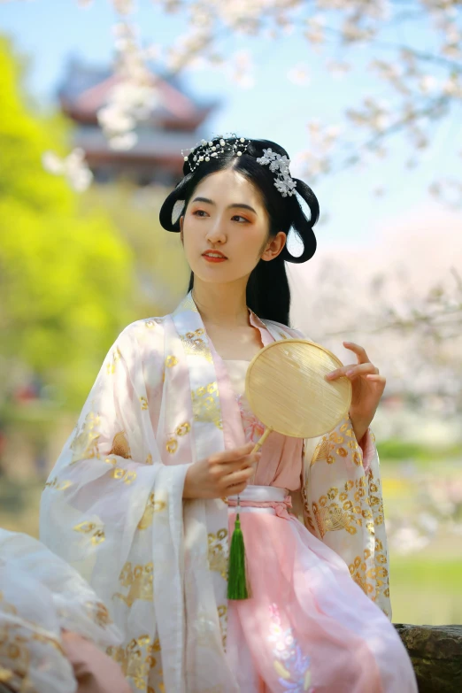 a beautiful woman with a large hat in an oriental dress