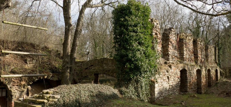 a tall brick building with vines growing up the side