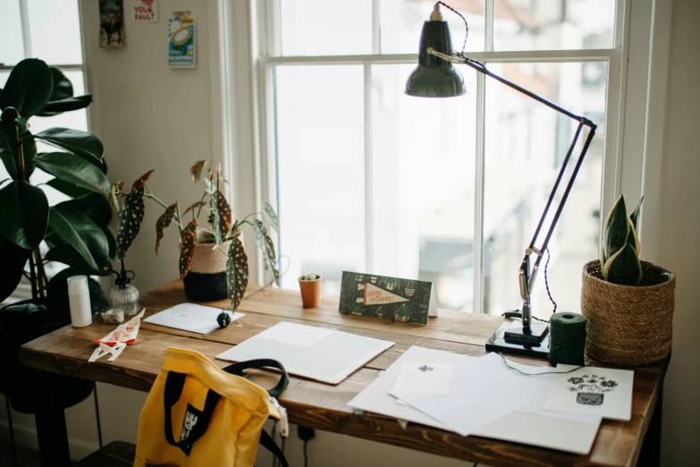 a work area with desk lamp, plant and notes