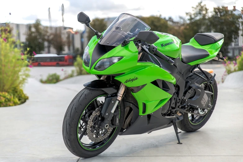 a motor cycle is parked in a residential area