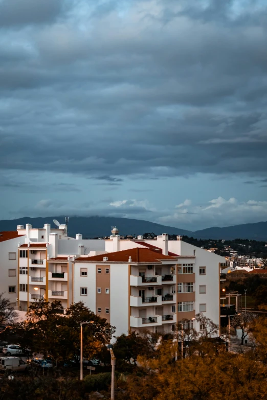 white buildings under dark cloudy skies next to trees