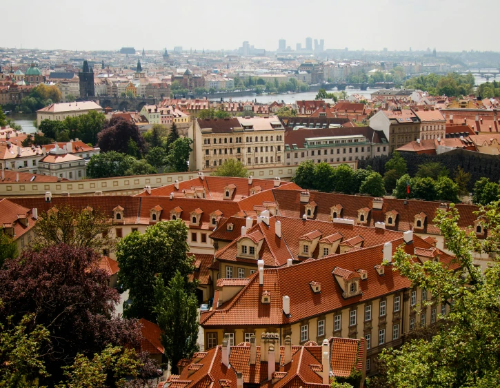 a city with tall buildings and large red roofs