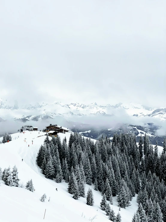 the mountains with evergreen trees are covered in snow