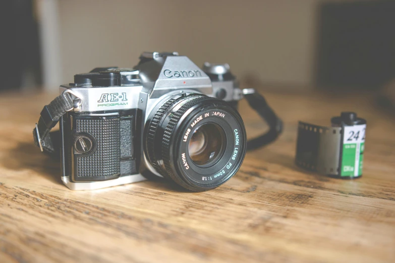 a po and camera are lying on a wooden table