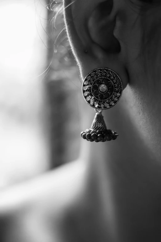 the back side of a woman's ear and earrings