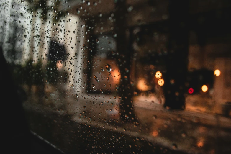 rain is running down a window on a rainy night