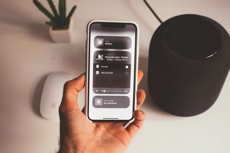 a hand holding an iphone with a smart speaker in the background