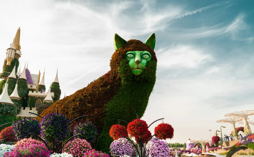 the cat figure made of flower in front of a castle