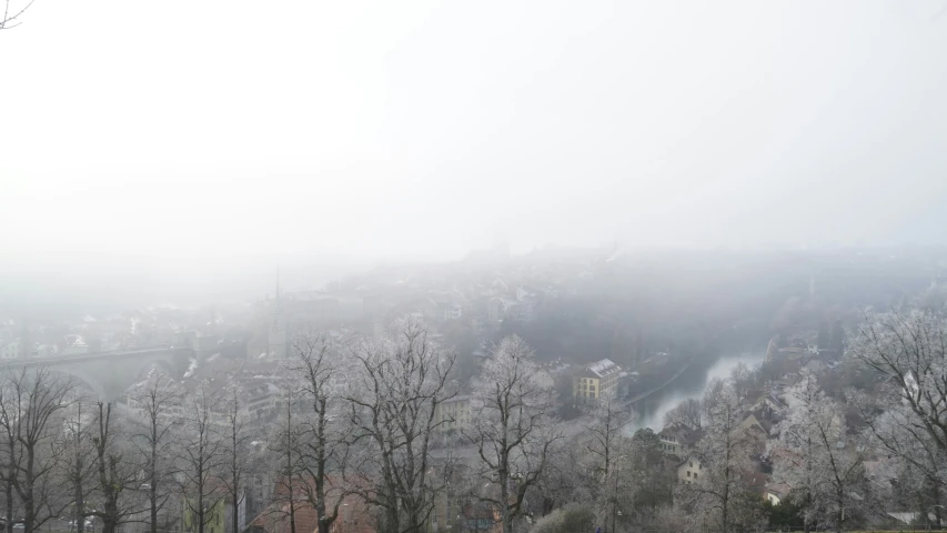 a misty view of a city in winter