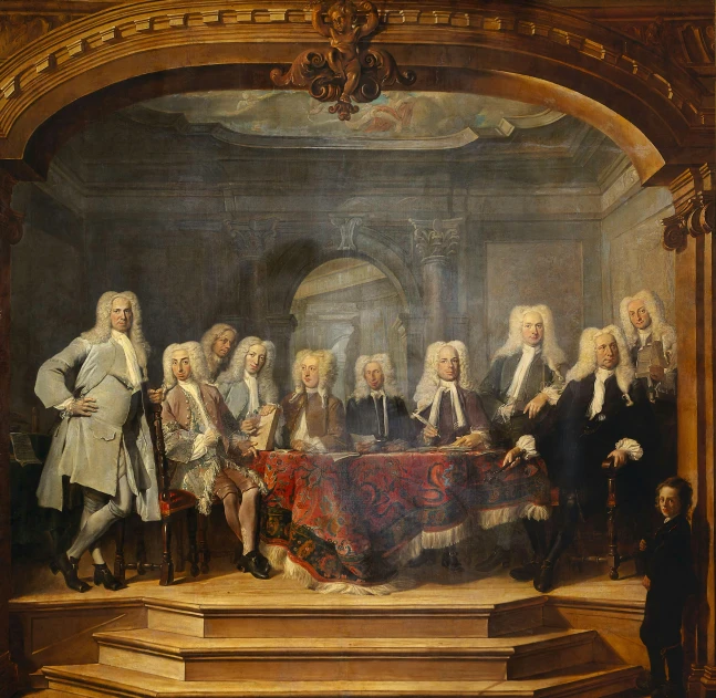 a painting on display with a portrait of people