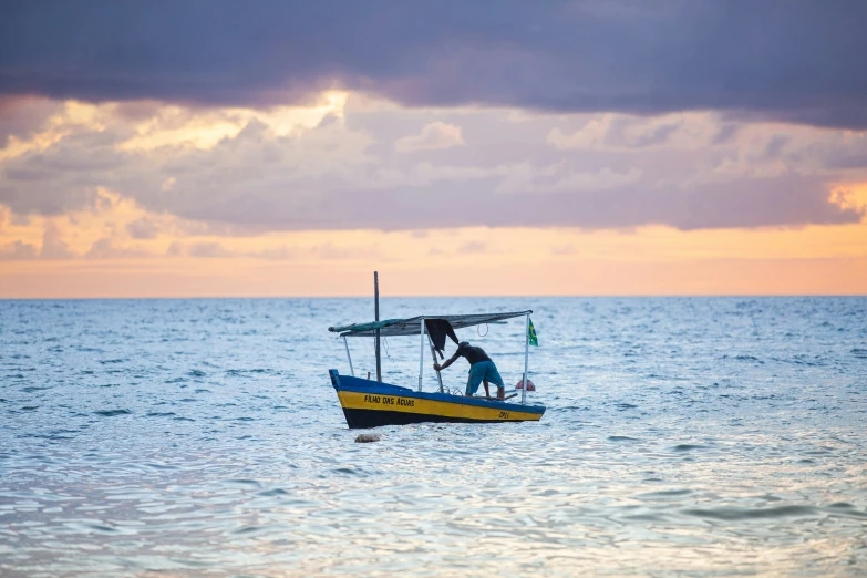 a man in a small fishing boat sailing across the water