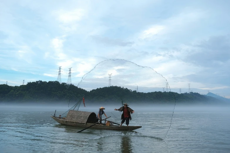 some people are fishing in the lake