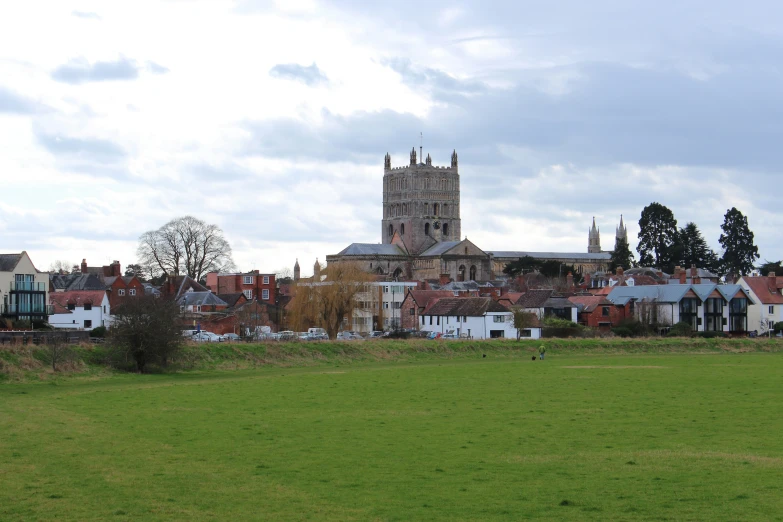 an image of a town setting with a church