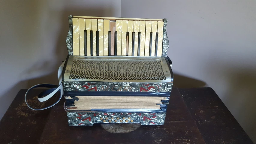 an antique accordion with several strings and a key attached to it