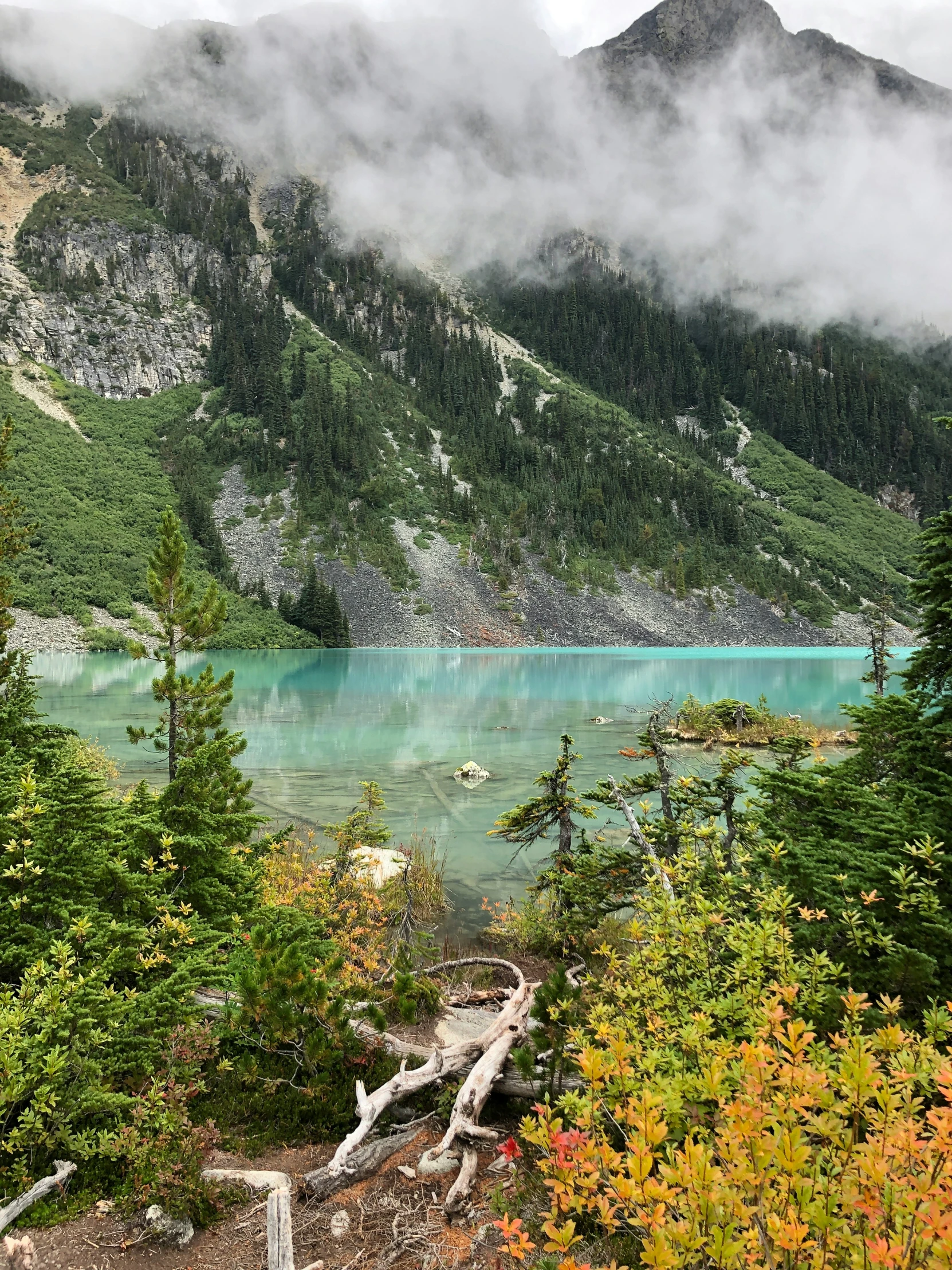 mountains and water surrounded by forest in fall