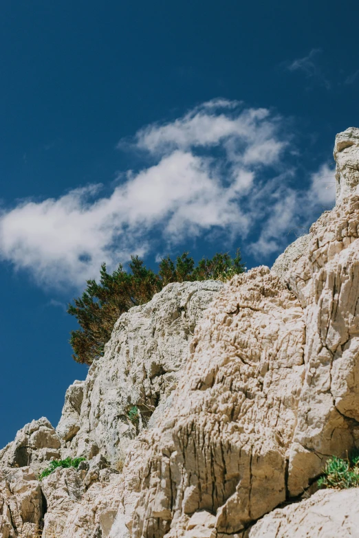 a mountain scene with rocks, a pine tree and a blue sky