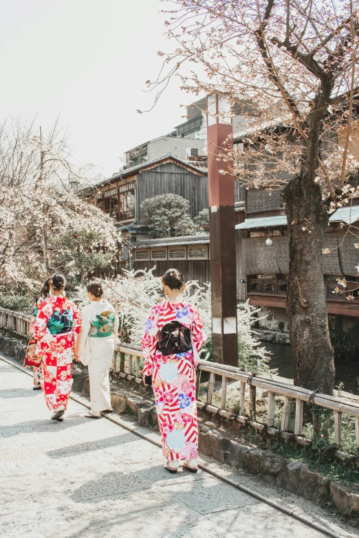 three women in kimono walking along the path