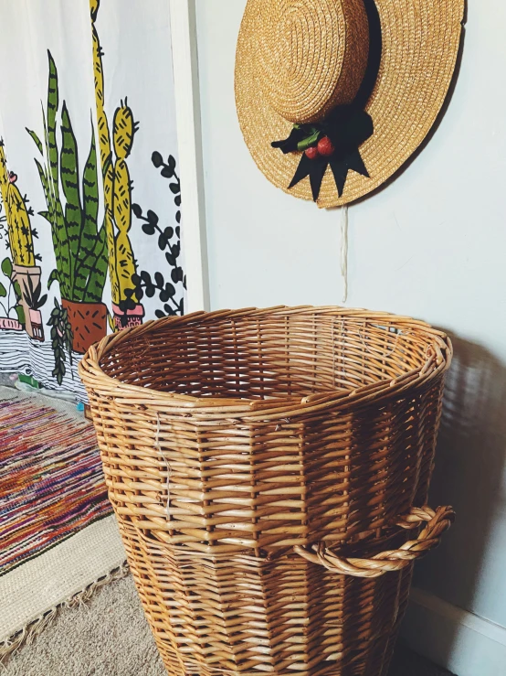 a woven basket and a wall mounted hat rack