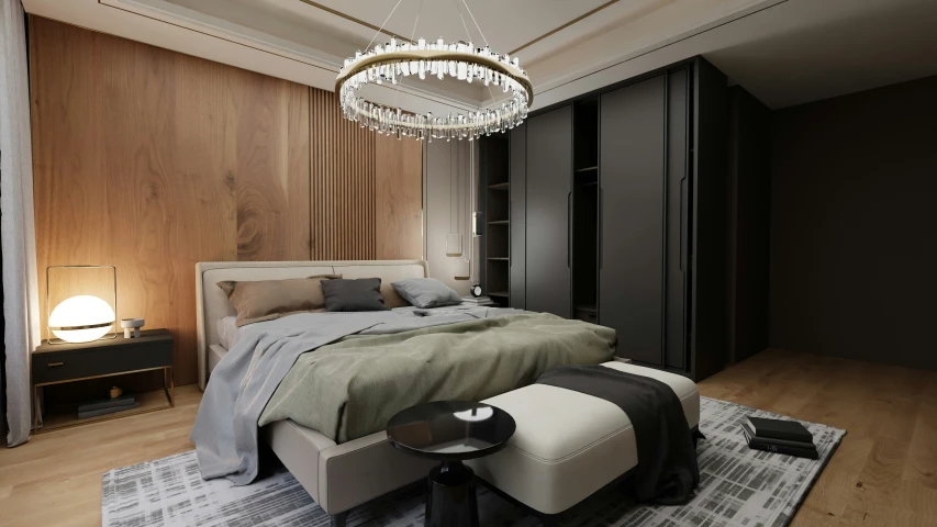 an extravagant bedroom featuring a bed, nightstand and cabinetry