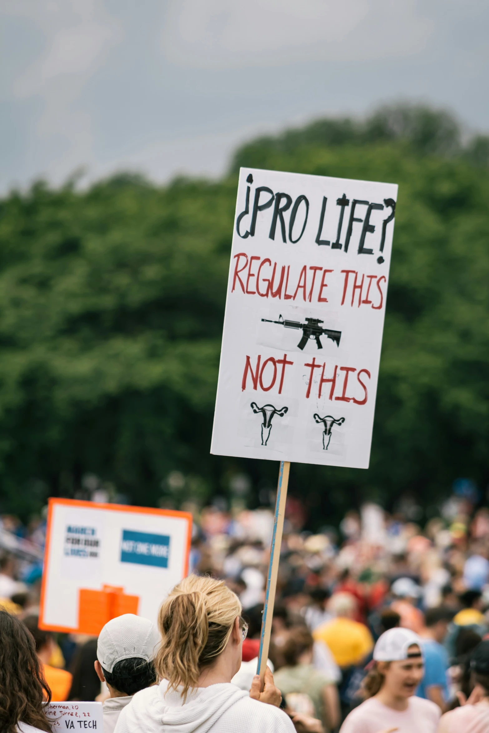 an anti - gun protester holds a sign in front of a crowd of people