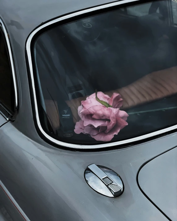 a car with a rose that is sitting inside the front window