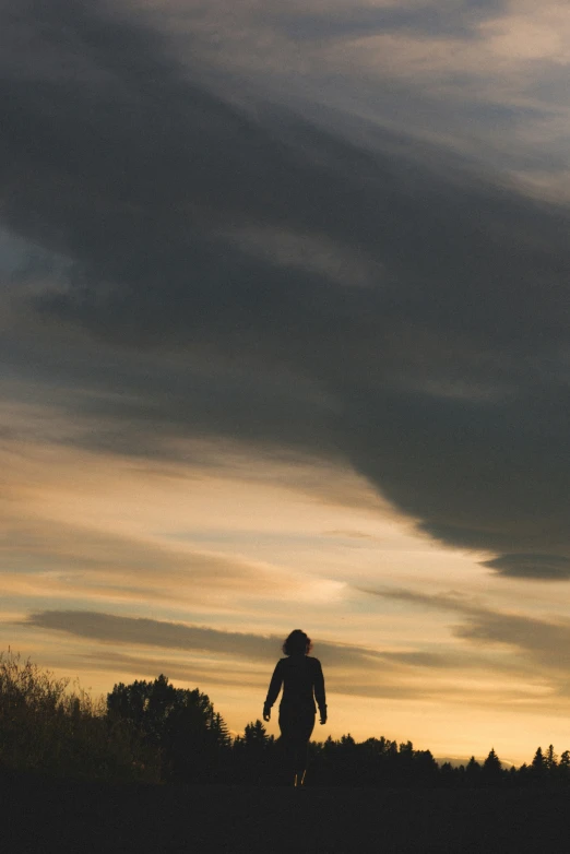 a person walks in the grass at sunset