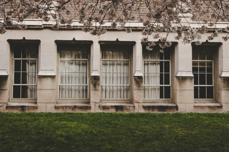 an old building is displaying six windows along the grass