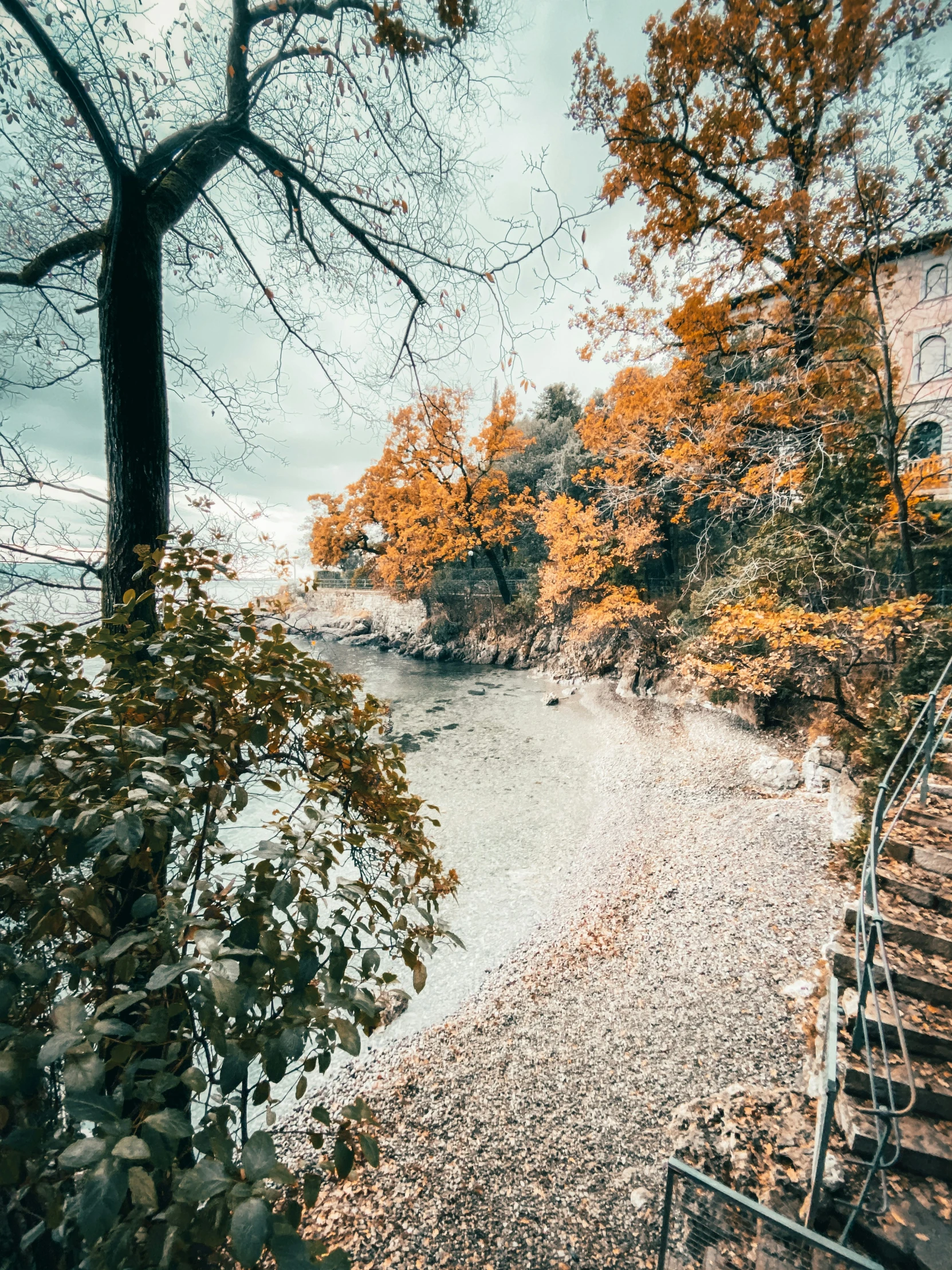 a river runs into some trees near some stairs