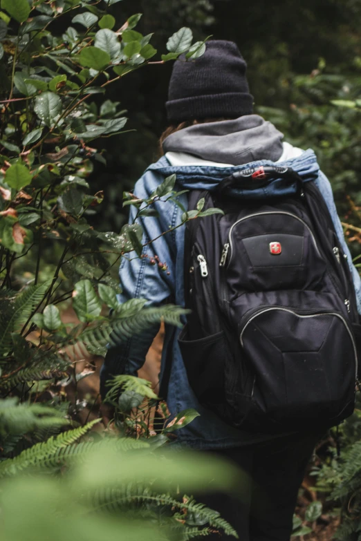 a person with a black backpack in a forest