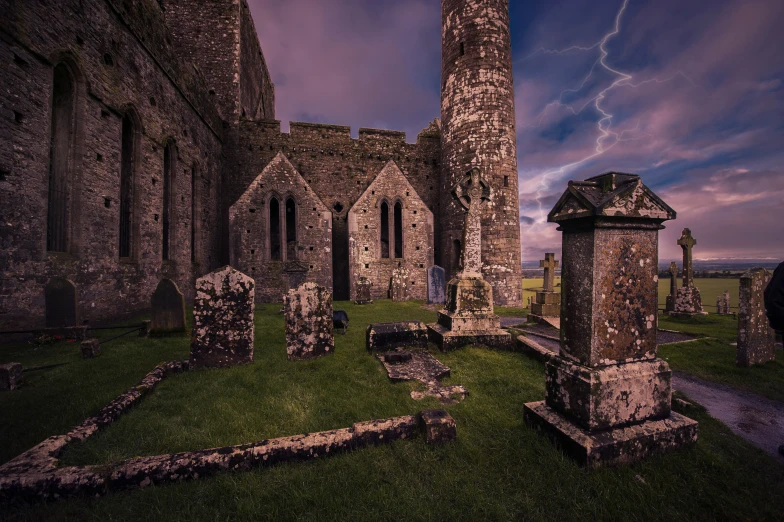 an old church ruins with graveyardy stone walls