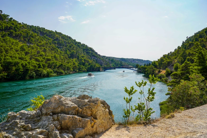 the river is full of water and green trees