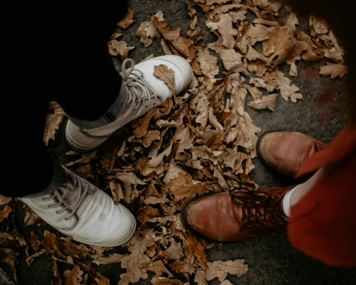 a couple of people are standing in a pile of leaves