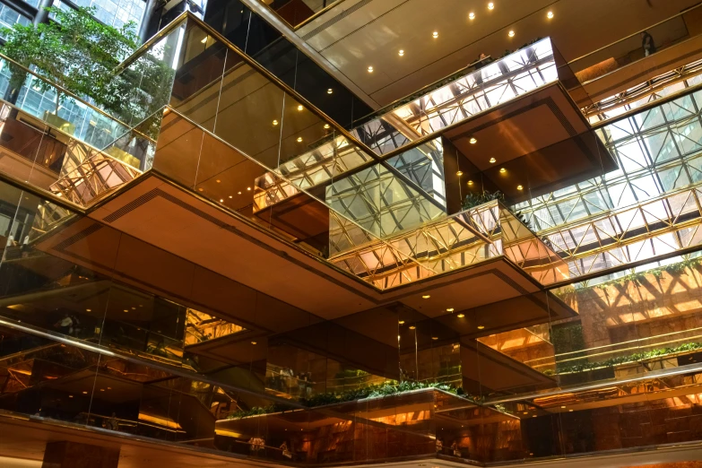 the glass ceilings in an office building are glowing