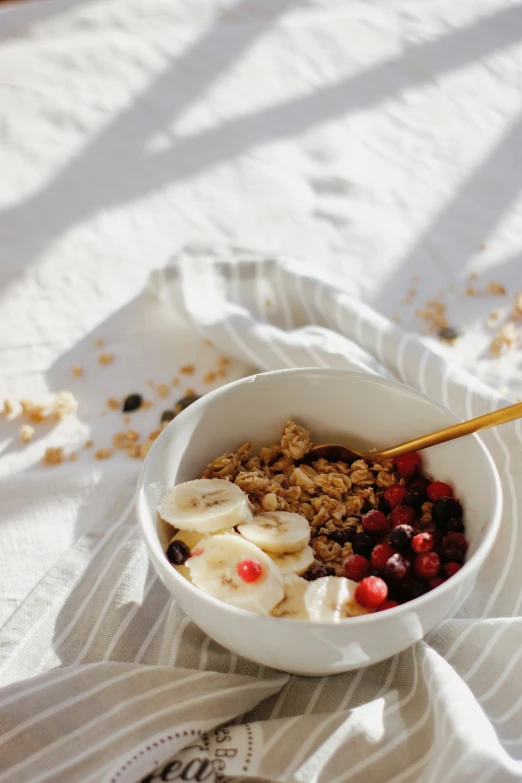 a bowl of fruit and granola on top of a cloth