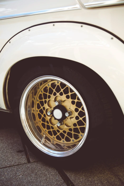 a close up of the wheels on a white car