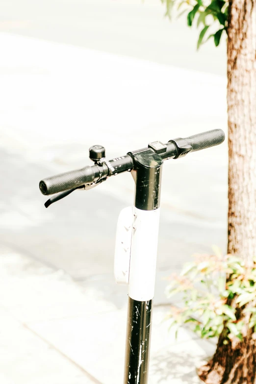 a black bike is locked to a post and a tree