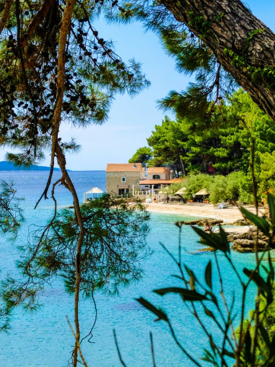 the view from inside of a tree shows clear blue water