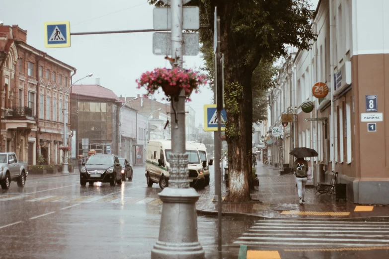 an intersection with cars and traffic during a rainy day