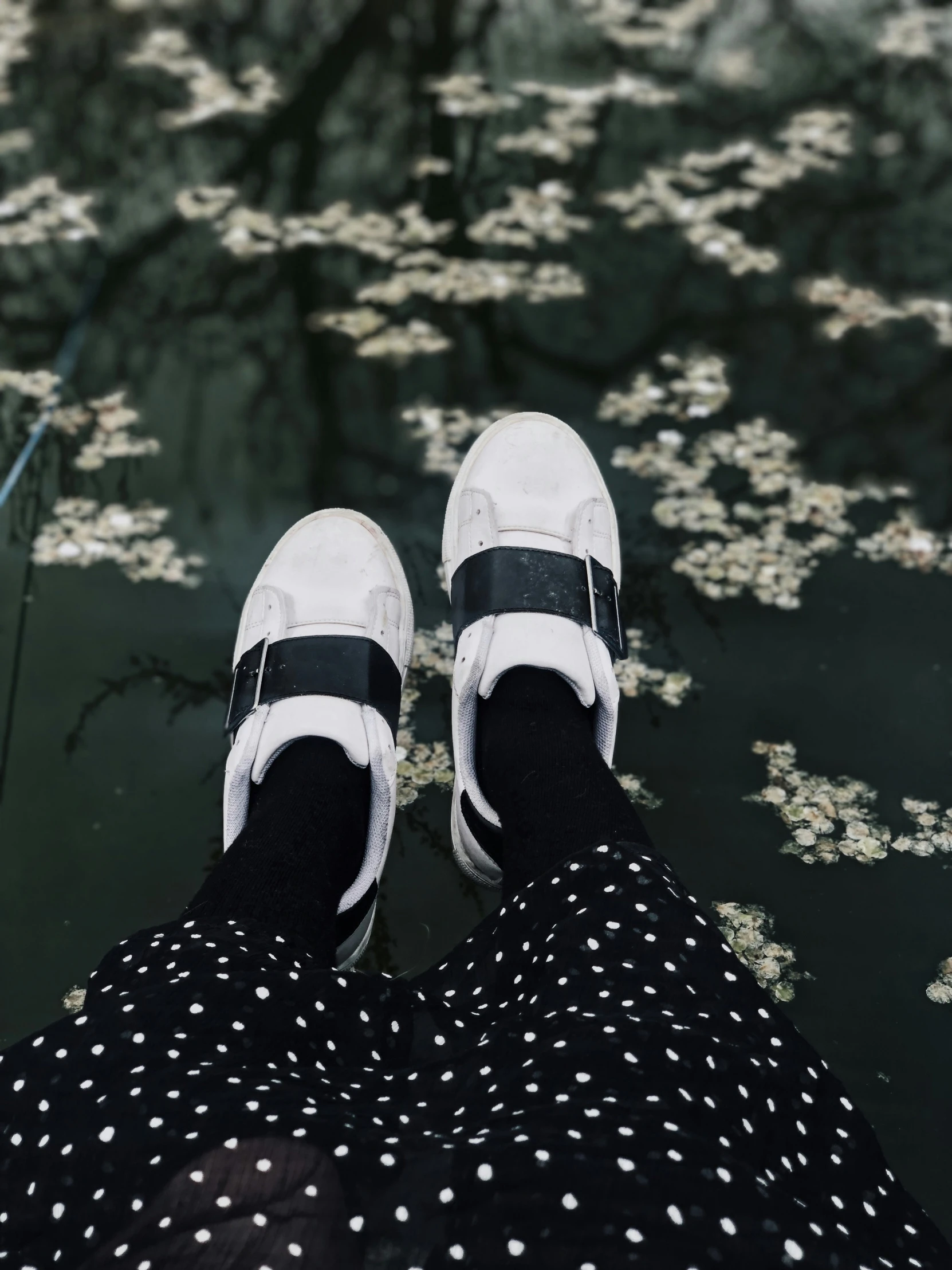 a person wearing polka dot pants standing in the water near some trees