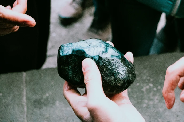 a woman holding a rock near her palm