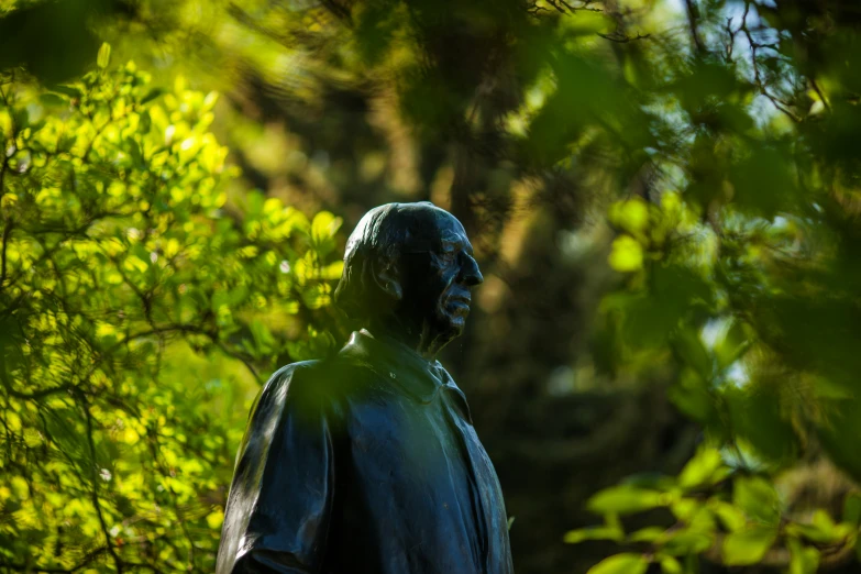 a statue of a man looking out into the woods