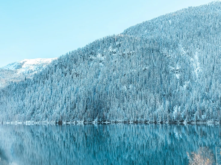 a lake surrounded by a mountain covered in snow
