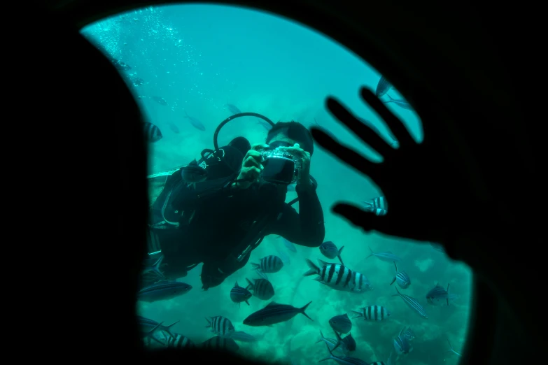 a person is underwater with their hand in the water