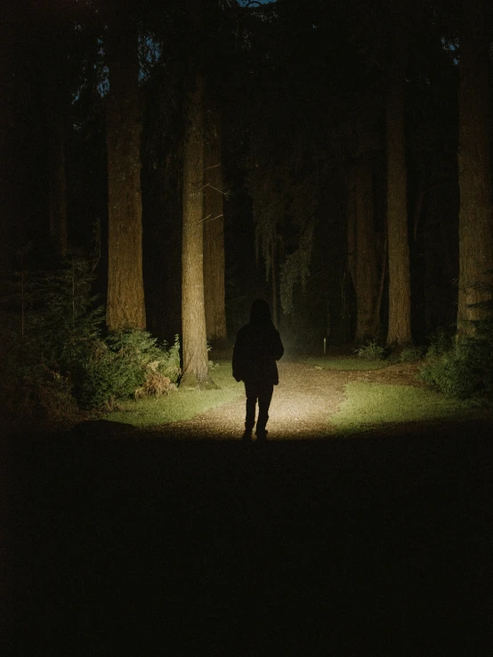 a man walking in the dark near a forest