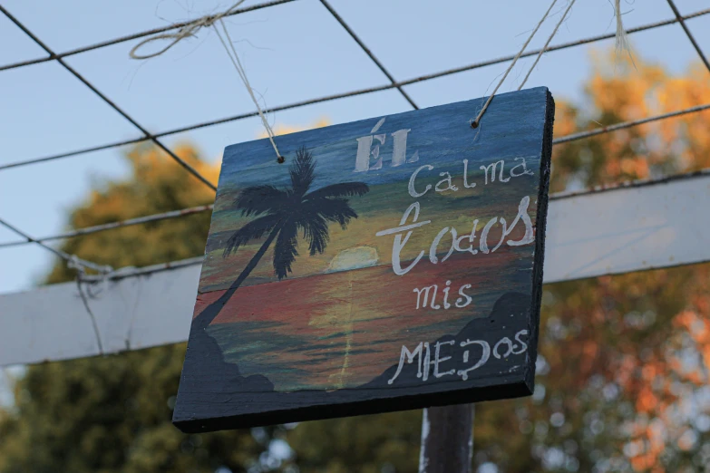 a sign hanging from a wire with trees in the background