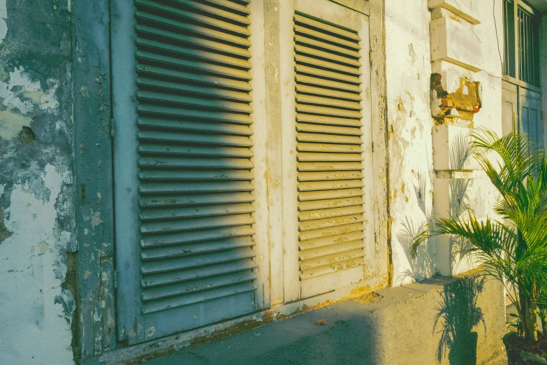 a building with shutters and potted plants outside