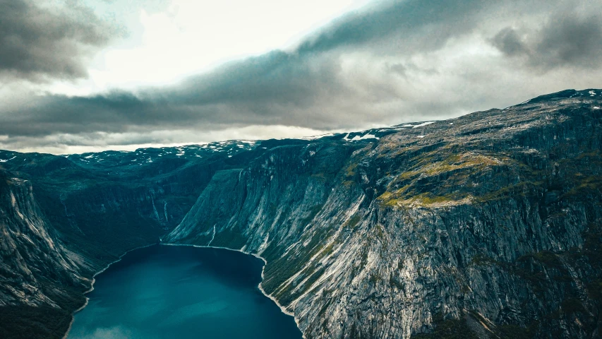 an over head s of a blue lake in the middle of a mountain range